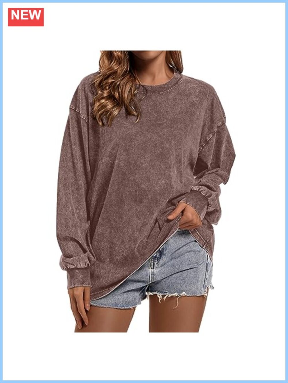 Women's Oversized Long Sleeve Crew Neck Acid Wash Cotton Pullover Tee